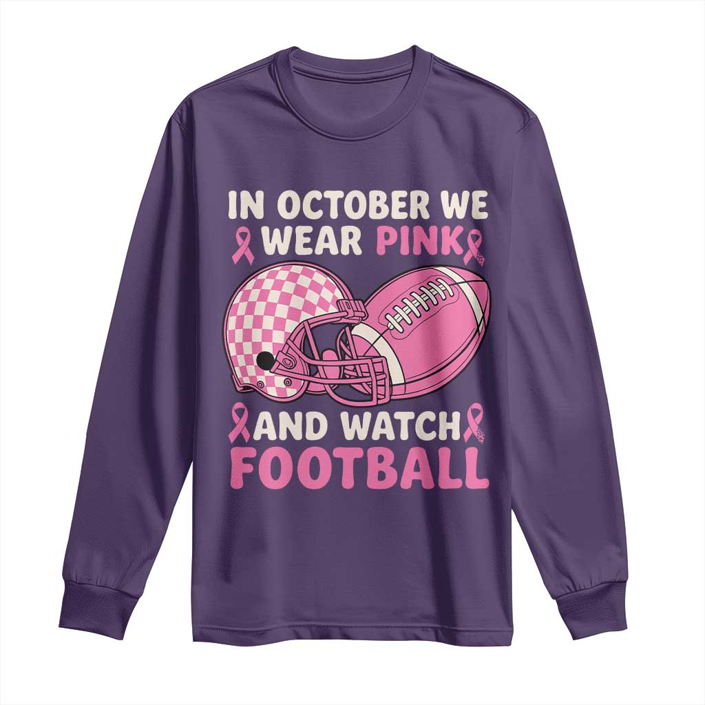 In October We Wear Pink Football Breast Cancer Awareness Long Sleeve Shirt Pink Ribbon Checkered Game Day - Wonder Print Shop