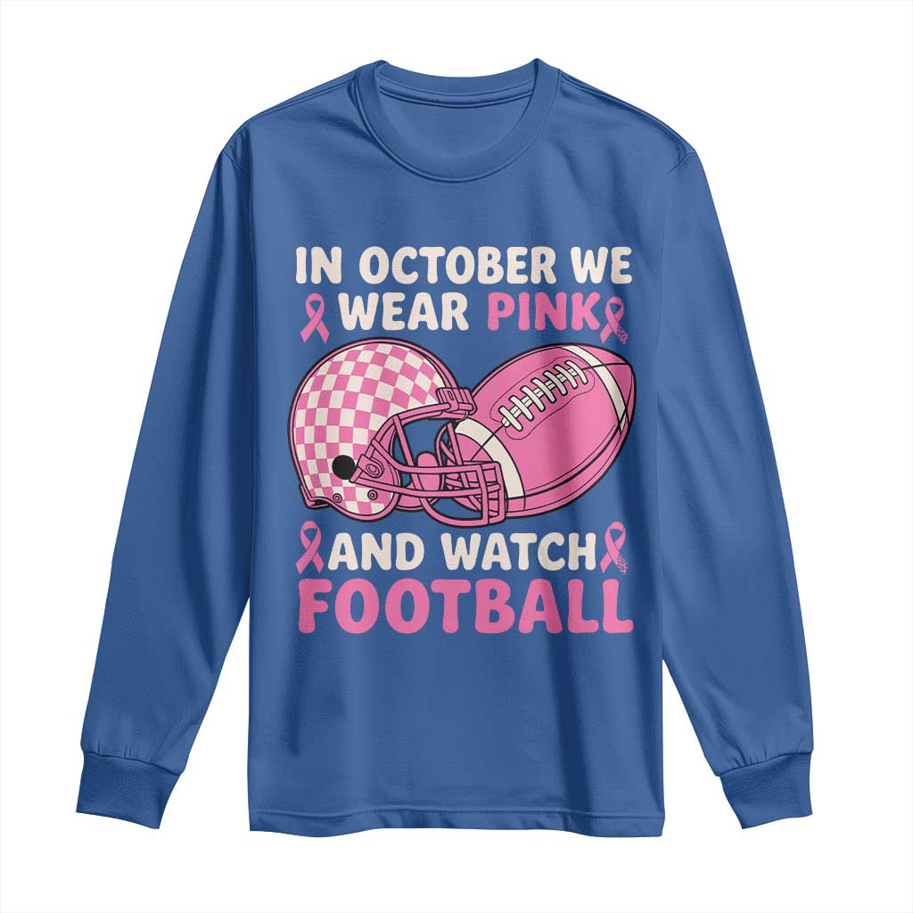 In October We Wear Pink Football Breast Cancer Awareness Long Sleeve Shirt Pink Ribbon Checkered Game Day - Wonder Print Shop