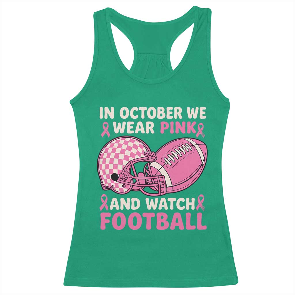 In October We Wear Pink Football Breast Cancer Awareness Racerback Tank Top Pink Ribbon Checkered Game Day - Wonder Print Shop