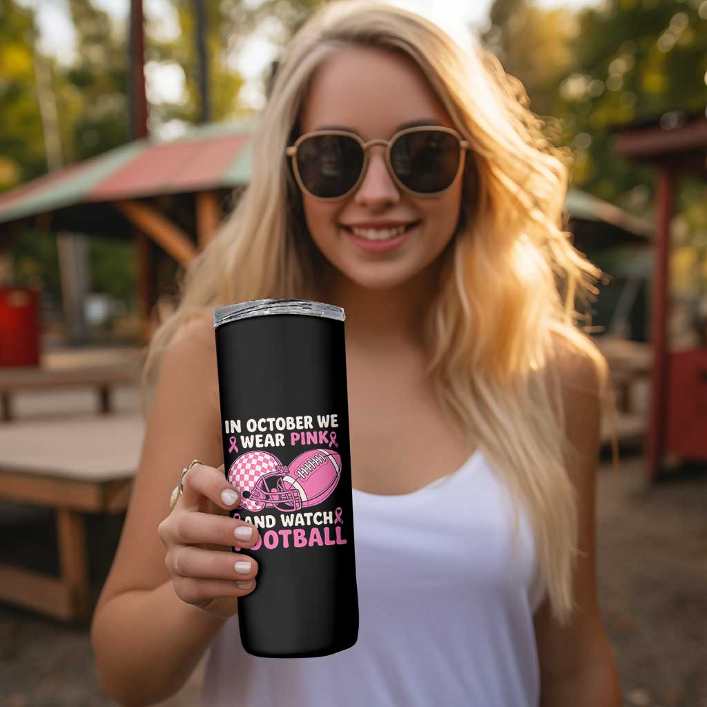 In October We Wear Pink Football Breast Cancer Awareness Skinny Tumbler Pink Ribbon Checkered Game Day - Wonder Print Shop