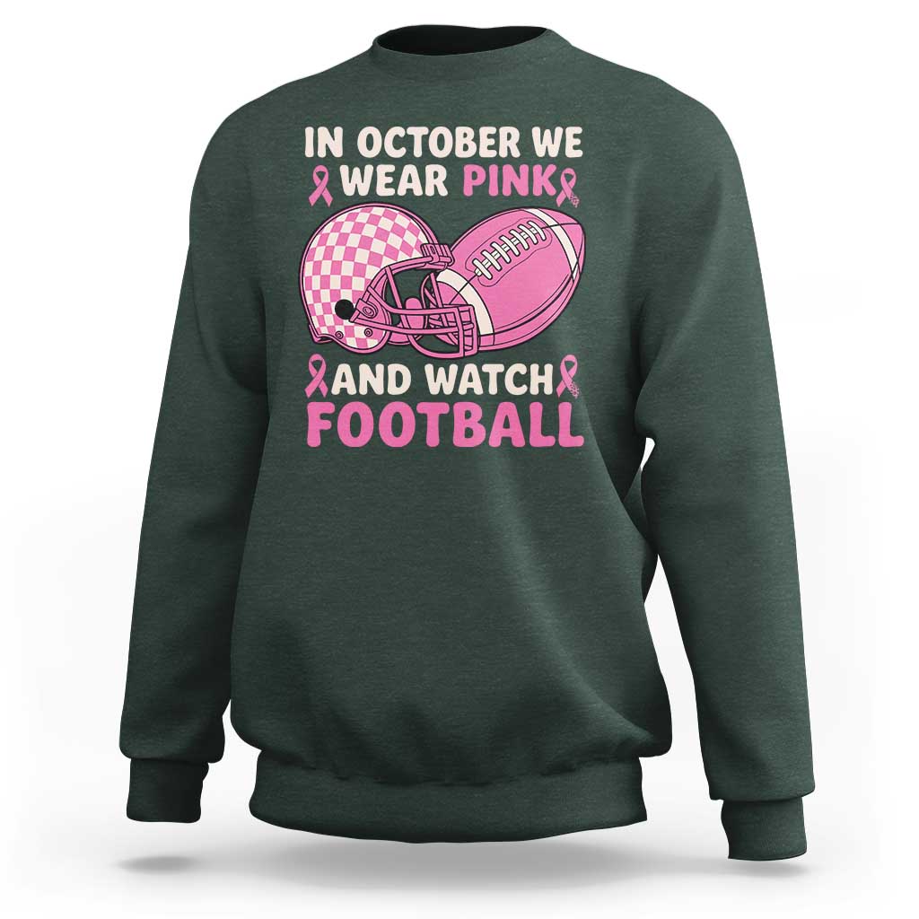 In October We Wear Pink Football Breast Cancer Awareness Sweatshirt Pink Ribbon Checkered Game Day - Wonder Print Shop