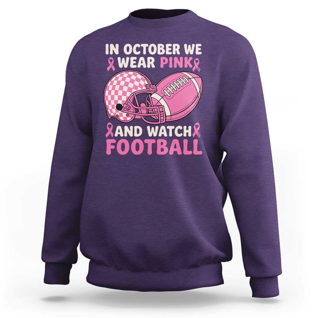 In October We Wear Pink Football Breast Cancer Awareness Sweatshirt Pink Ribbon Checkered Game Day - Wonder Print Shop