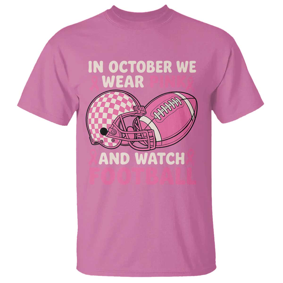 In October We Wear Pink Football Breast Cancer Awareness T Shirt Pink Ribbon Checkered Game Day - Wonder Print Shop