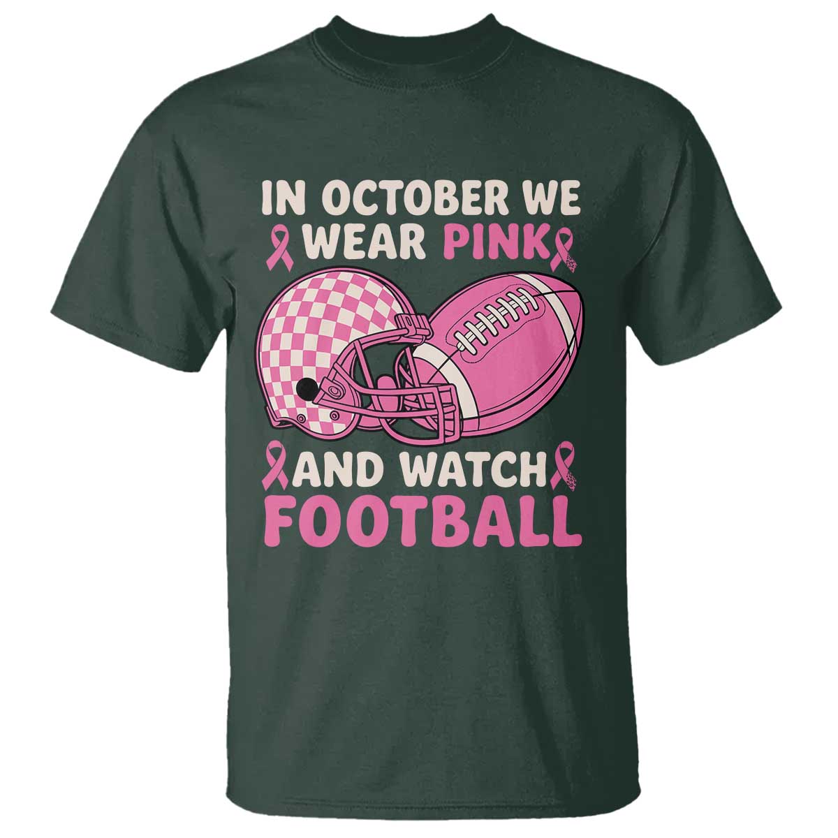 In October We Wear Pink Football Breast Cancer Awareness T Shirt Pink Ribbon Checkered Game Day - Wonder Print Shop
