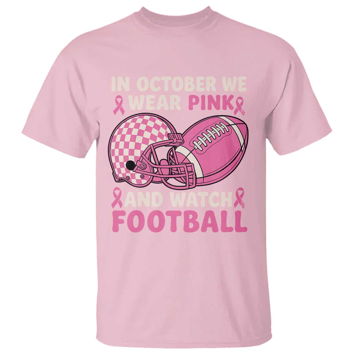 In October We Wear Pink Football Breast Cancer Awareness T Shirt Pink Ribbon Checkered Game Day - Wonder Print Shop