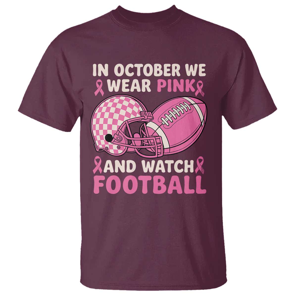 In October We Wear Pink Football Breast Cancer Awareness T Shirt Pink Ribbon Checkered Game Day - Wonder Print Shop