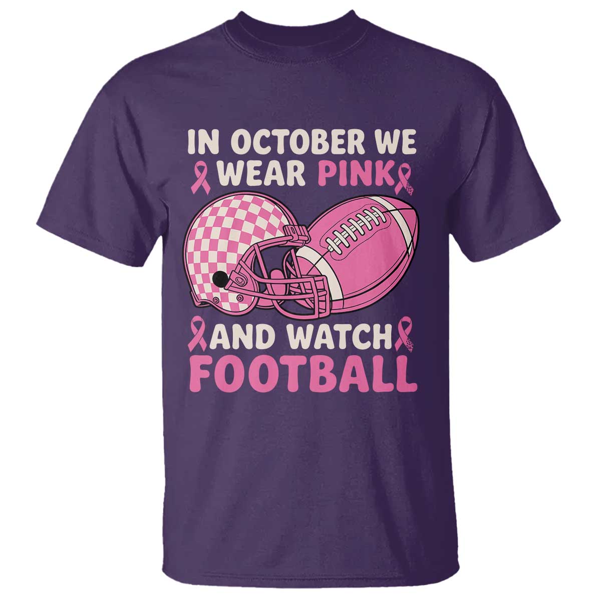 In October We Wear Pink Football Breast Cancer Awareness T Shirt Pink Ribbon Checkered Game Day - Wonder Print Shop