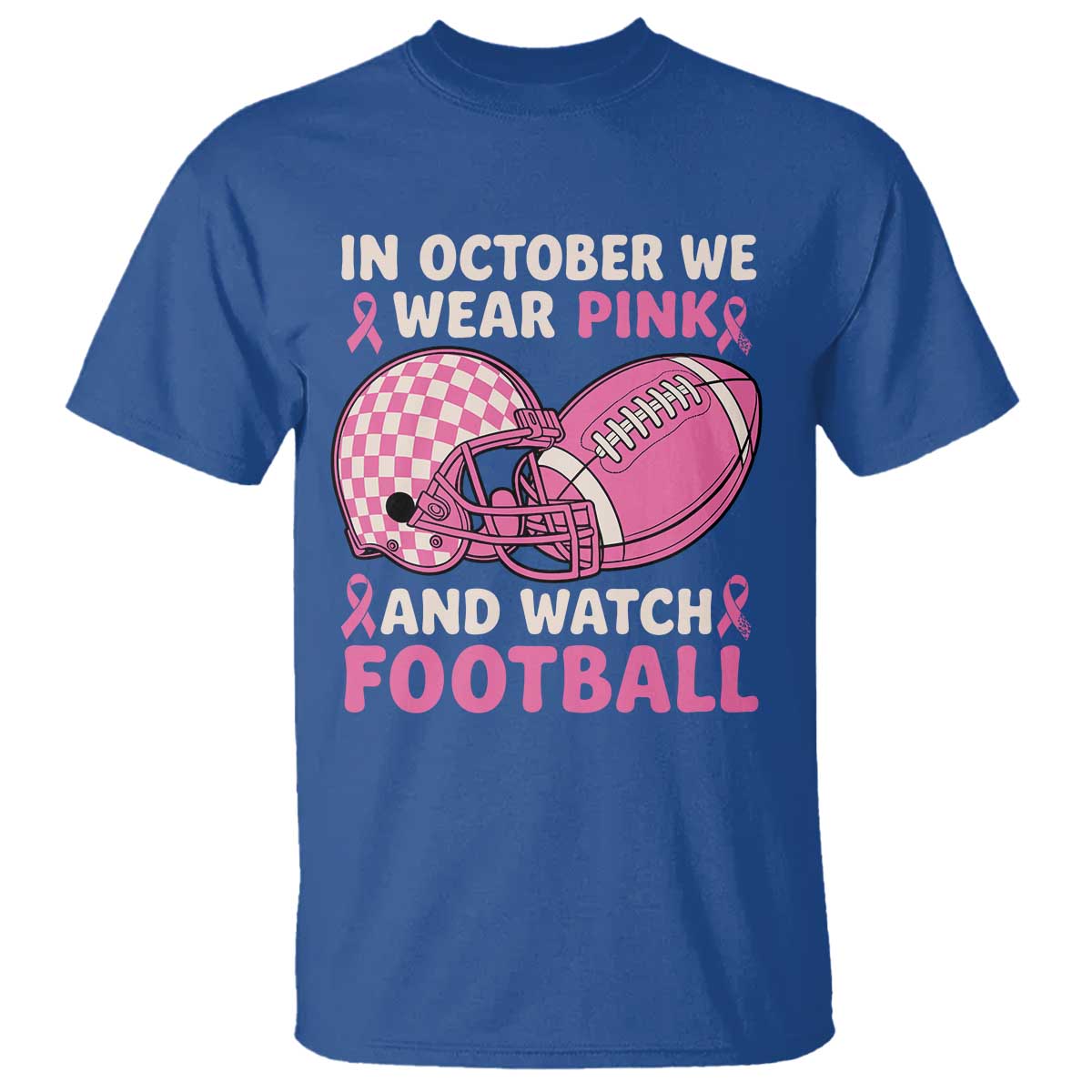 In October We Wear Pink Football Breast Cancer Awareness T Shirt Pink Ribbon Checkered Game Day - Wonder Print Shop