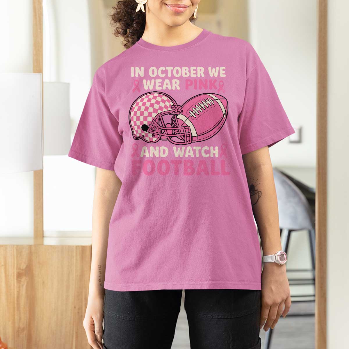 In October We Wear Pink Football Breast Cancer Awareness T Shirt For Women Pink Ribbon Checkered Game Day - Wonder Print Shop