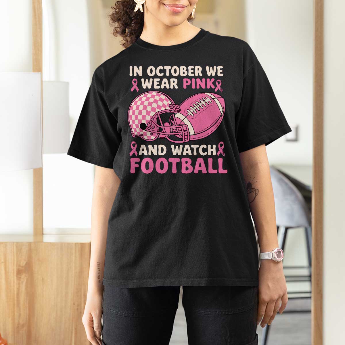 In October We Wear Pink Football Breast Cancer Awareness T Shirt For Women Pink Ribbon Checkered Game Day - Wonder Print Shop