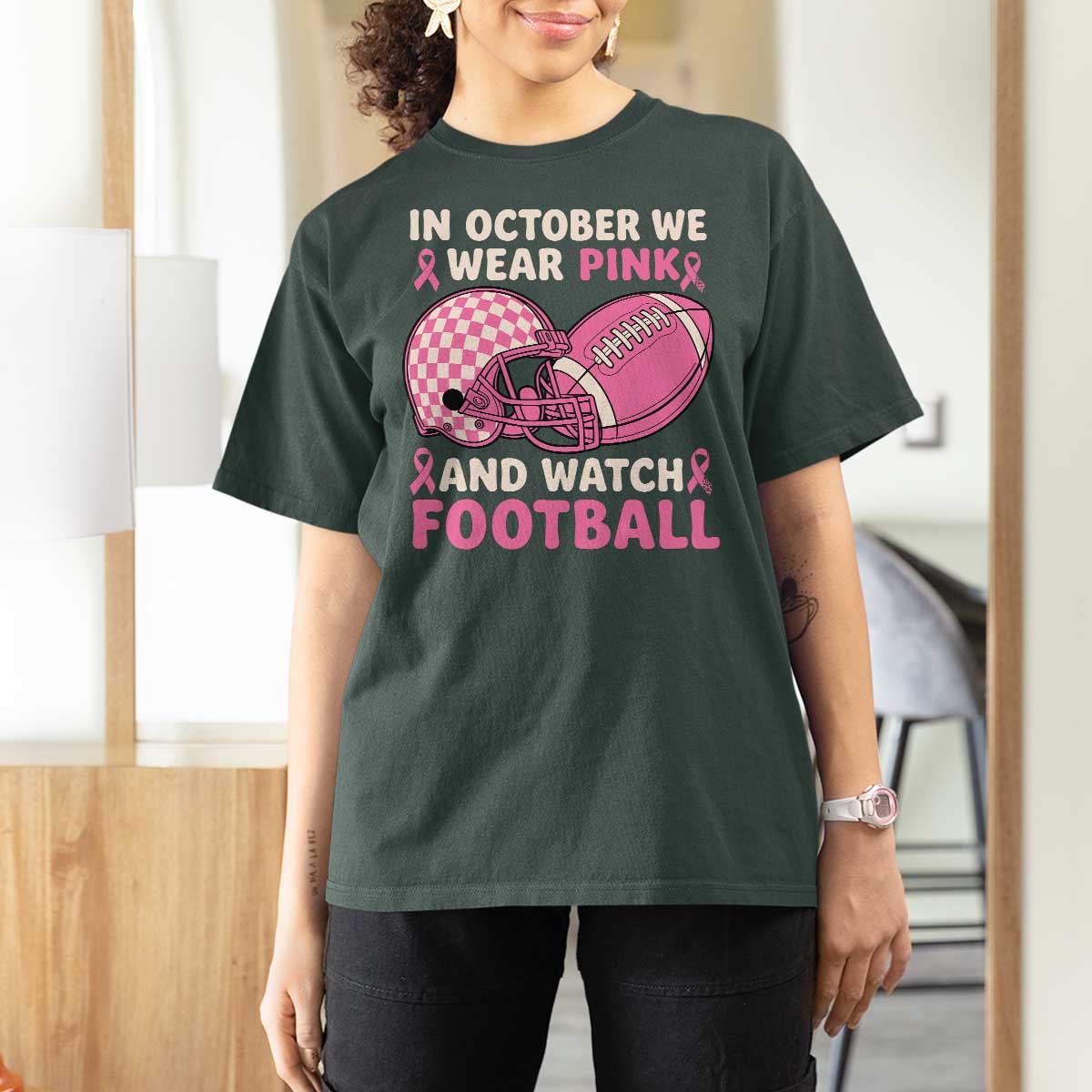 In October We Wear Pink Football Breast Cancer Awareness T Shirt For Women Pink Ribbon Checkered Game Day - Wonder Print Shop