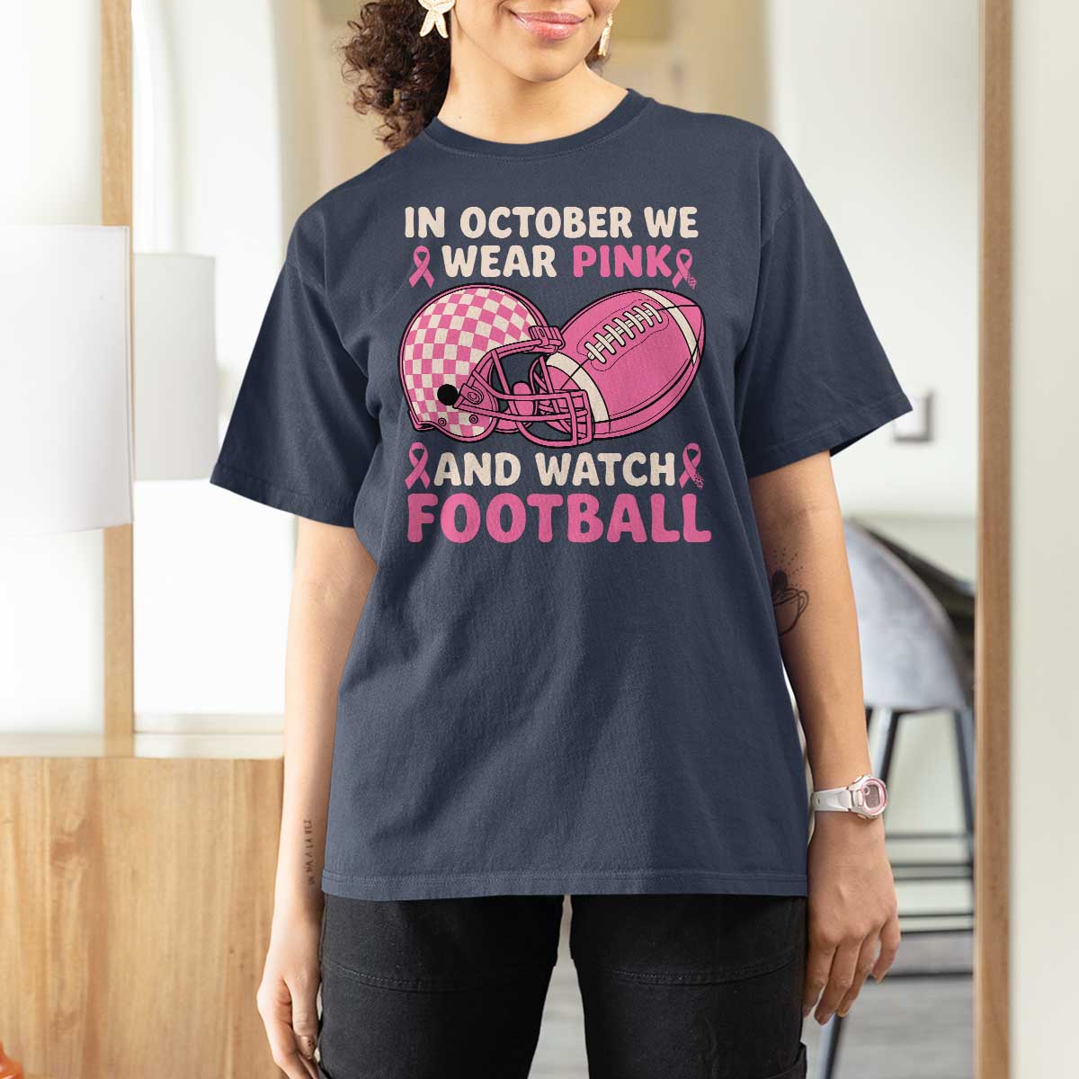 In October We Wear Pink Football Breast Cancer Awareness T Shirt For Women Pink Ribbon Checkered Game Day - Wonder Print Shop