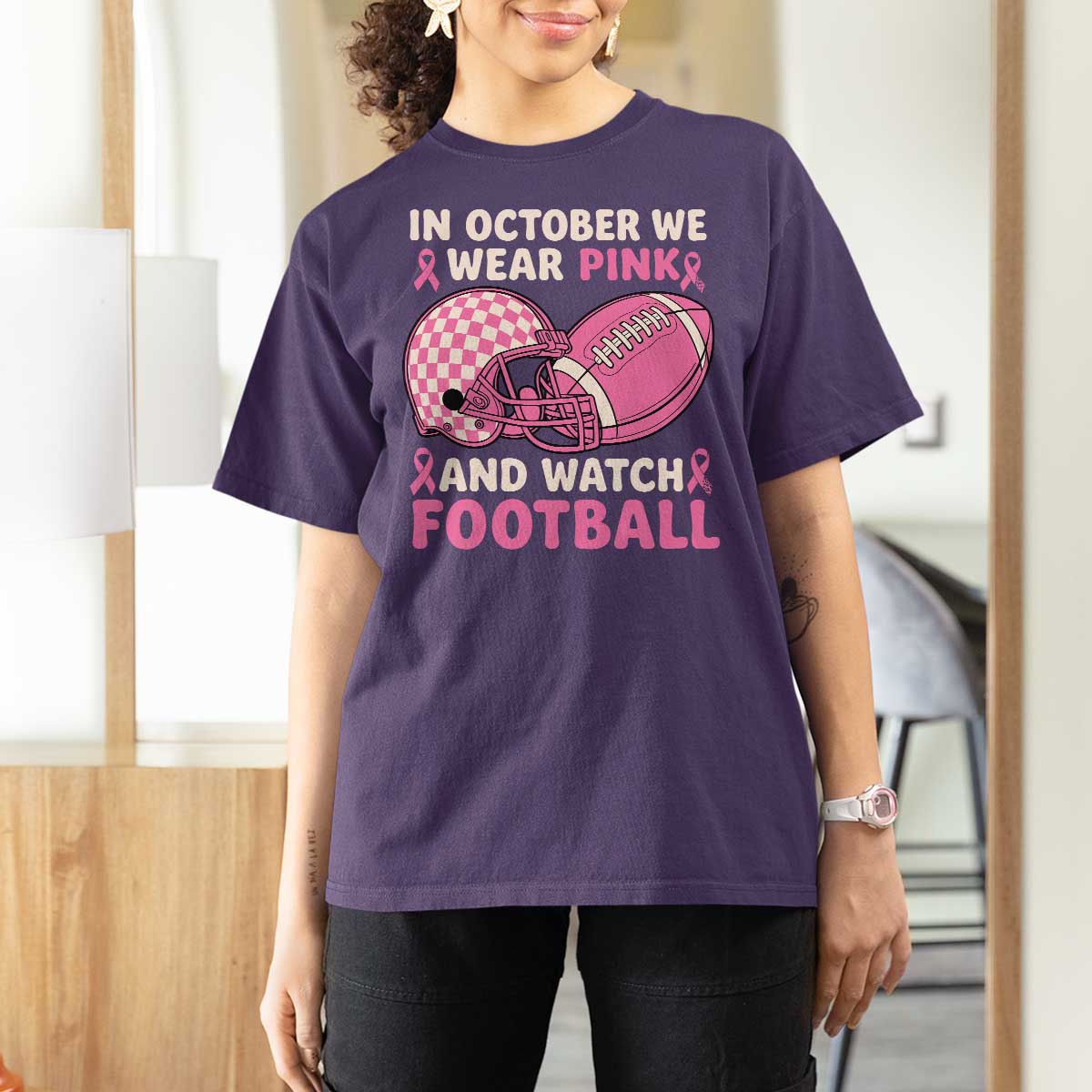 In October We Wear Pink Football Breast Cancer Awareness T Shirt For Women Pink Ribbon Checkered Game Day - Wonder Print Shop