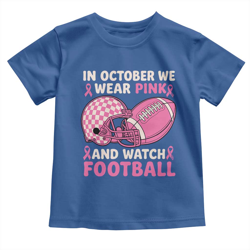 In October We Wear Pink Football Breast Cancer Awareness Toddler T Shirt Pink Ribbon Checkered Game Day - Wonder Print Shop