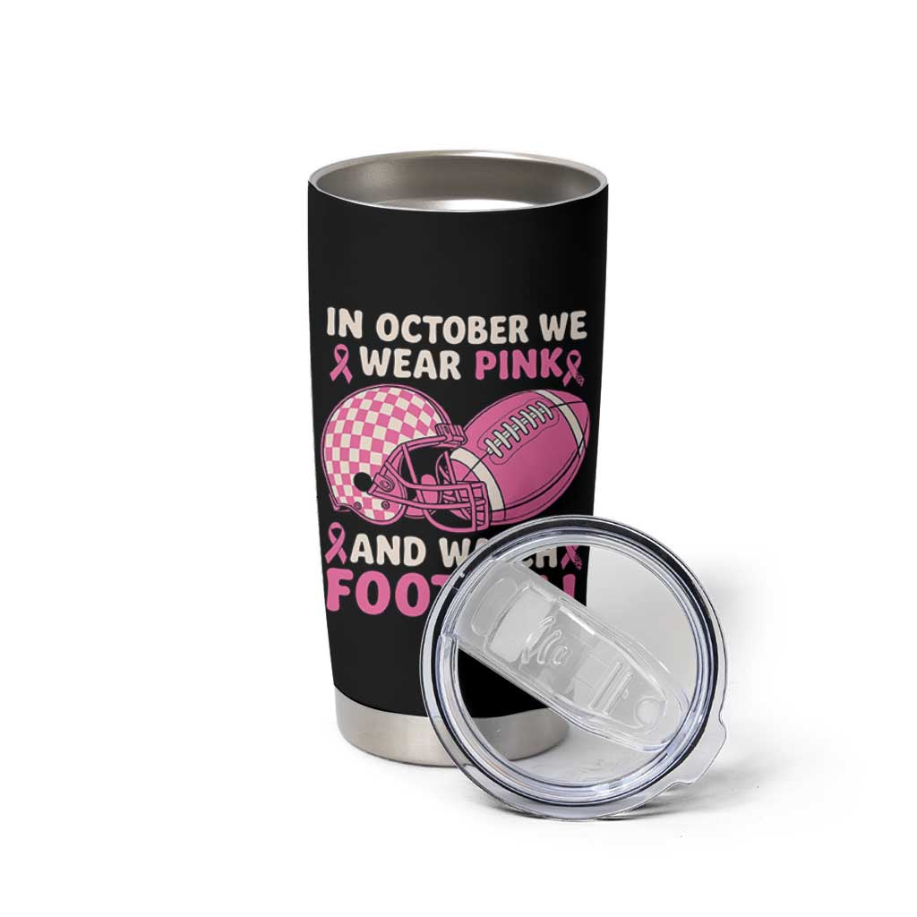 In October We Wear Pink Football Breast Cancer Awareness Tumbler Cup Pink Ribbon Checkered Game Day - Wonder Print Shop