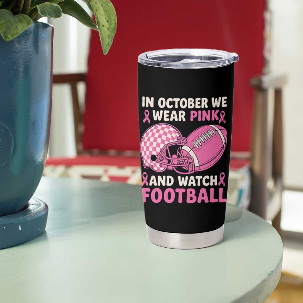 In October We Wear Pink Football Breast Cancer Awareness Tumbler Cup Pink Ribbon Checkered Game Day - Wonder Print Shop