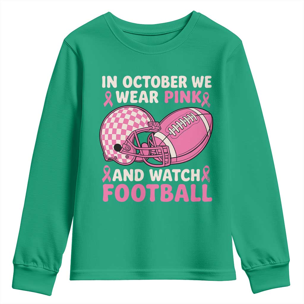 In October We Wear Pink Football Breast Cancer Awareness Youth Sweatshirt Pink Ribbon Checkered Game Day - Wonder Print Shop