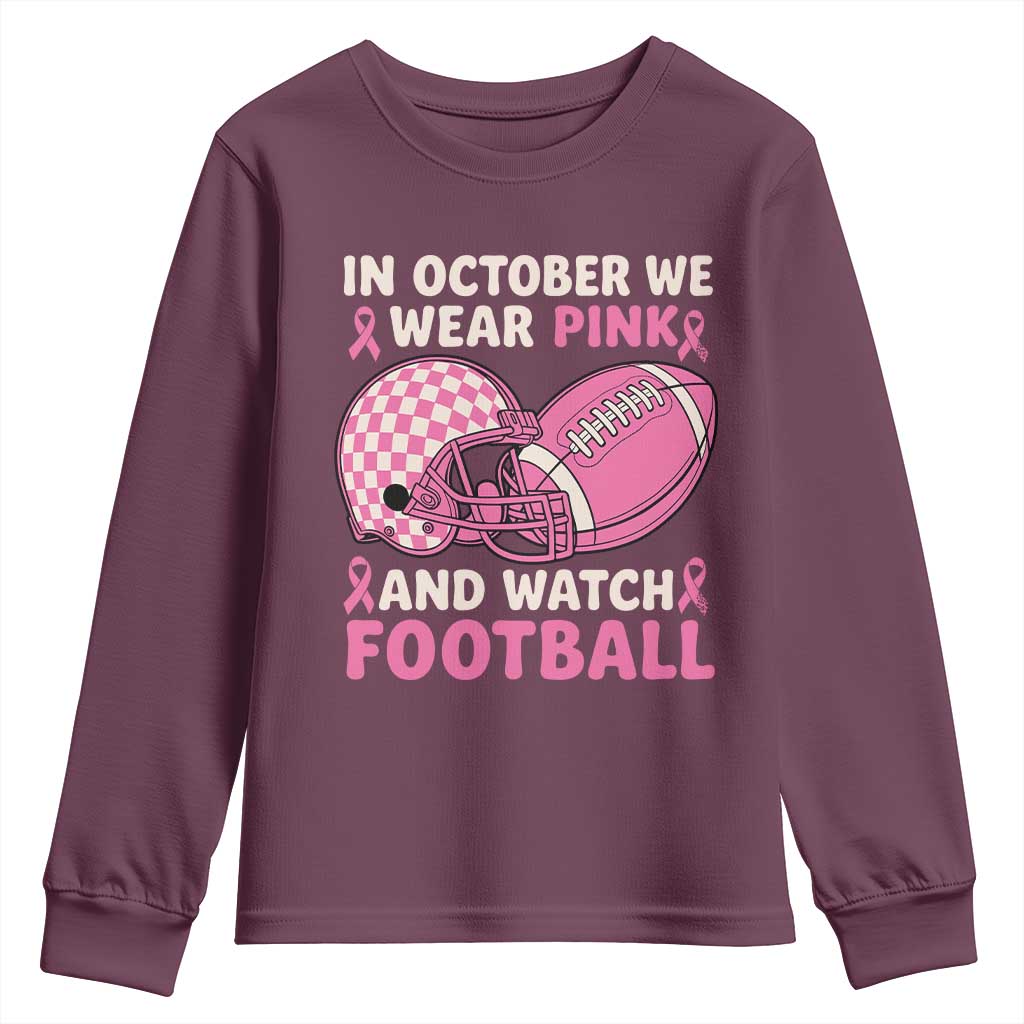 In October We Wear Pink Football Breast Cancer Awareness Youth Sweatshirt Pink Ribbon Checkered Game Day - Wonder Print Shop