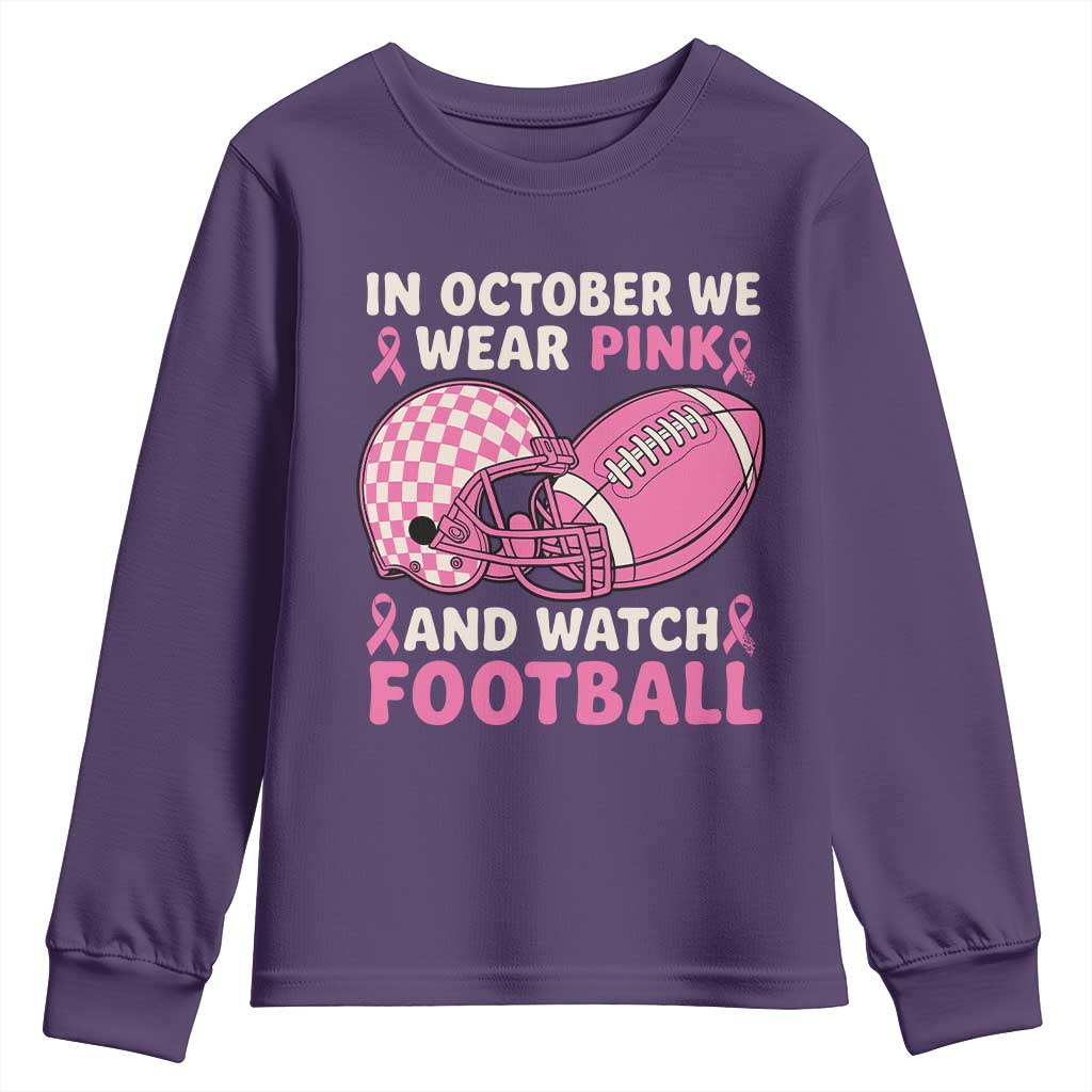 In October We Wear Pink Football Breast Cancer Awareness Youth Sweatshirt Pink Ribbon Checkered Game Day - Wonder Print Shop