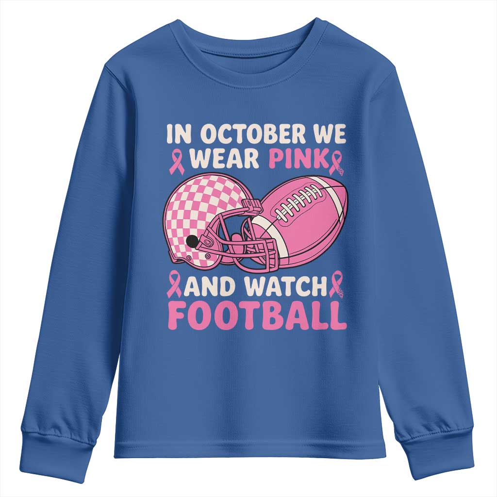In October We Wear Pink Football Breast Cancer Awareness Youth Sweatshirt Pink Ribbon Checkered Game Day - Wonder Print Shop