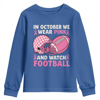 In October We Wear Pink Football Breast Cancer Awareness Youth Sweatshirt Pink Ribbon Checkered Game Day - Wonder Print Shop