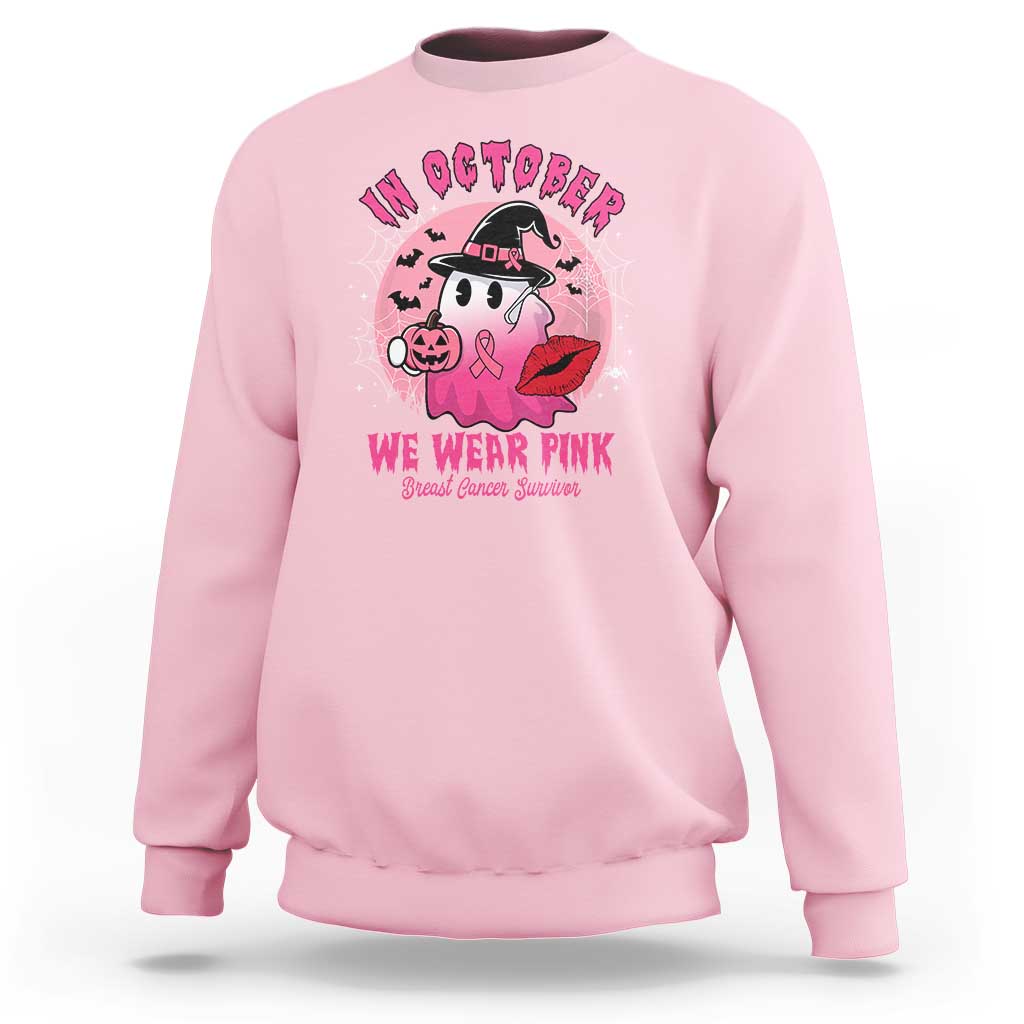 Breast Cancer Awareness Sweatshirt I'm A Survivor In October We Wear Pink Ghost Halloween Pink Ribbon Pumpkin - Wonder Print Shop