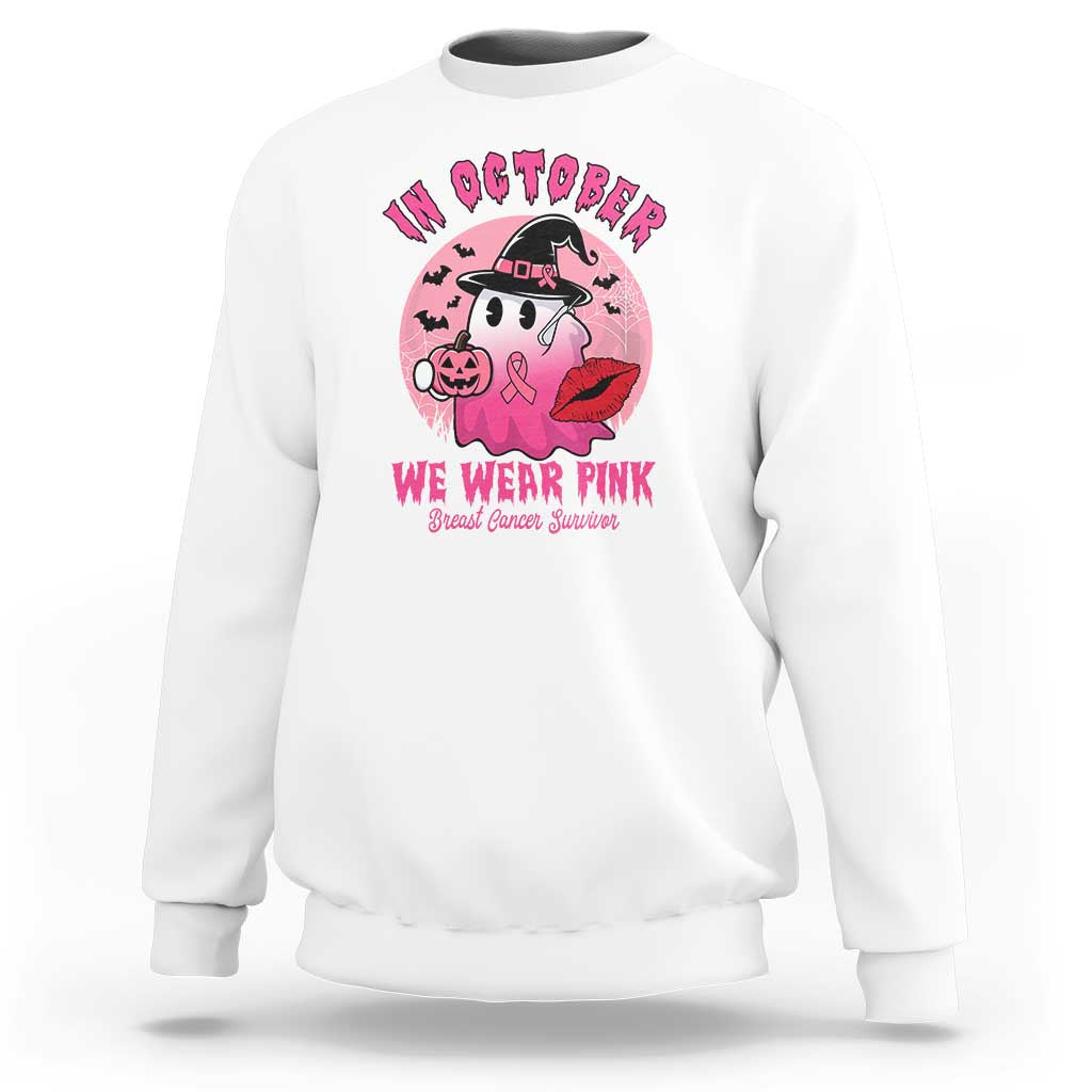 Breast Cancer Awareness Sweatshirt I'm A Survivor In October We Wear Pink Ghost Halloween Pink Ribbon Pumpkin - Wonder Print Shop