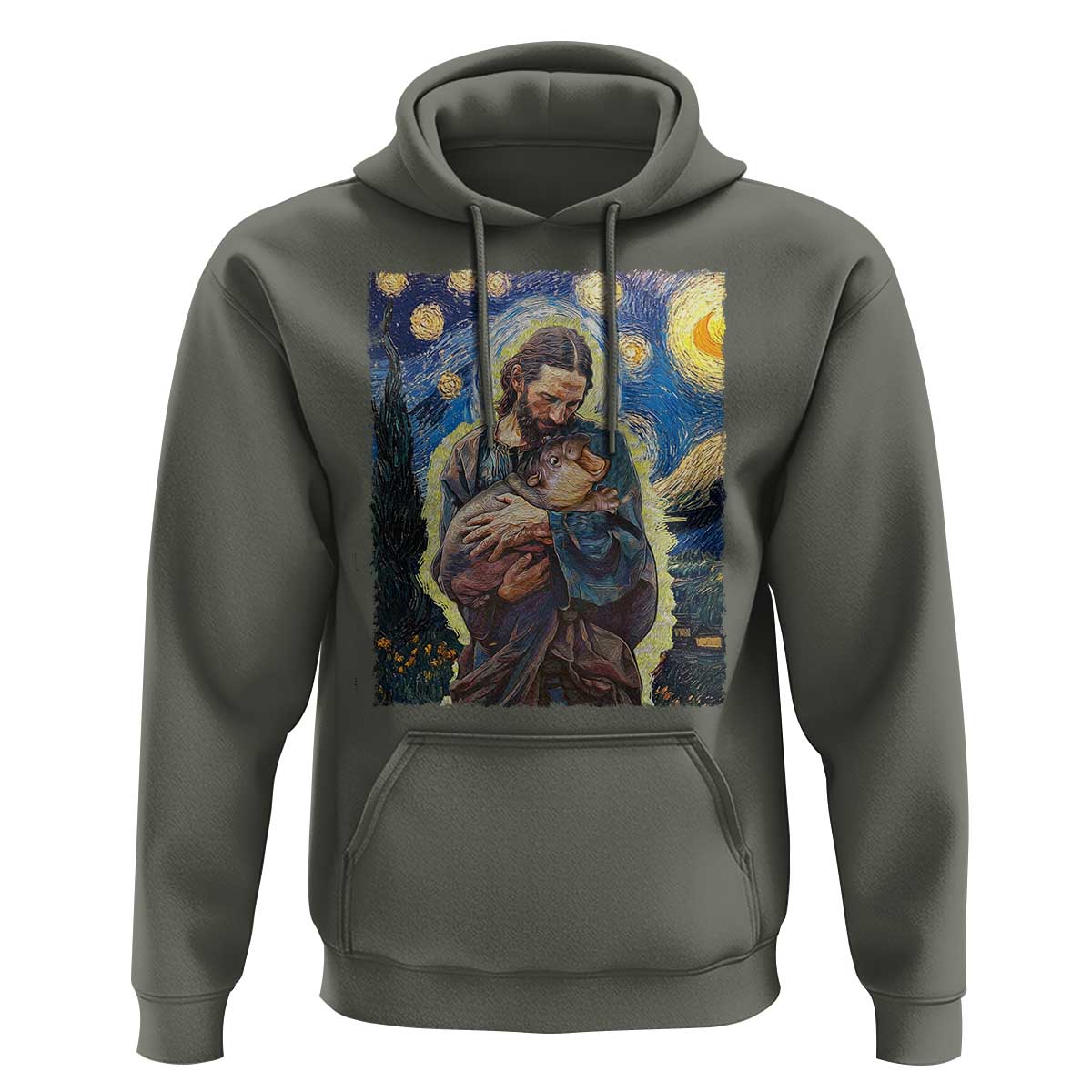 Funny Moo-Deng Baby Pygmy Hippo Hoodie Cute Zoo For Family Jesus Loves Moo Deng Van Gogh Starry Night