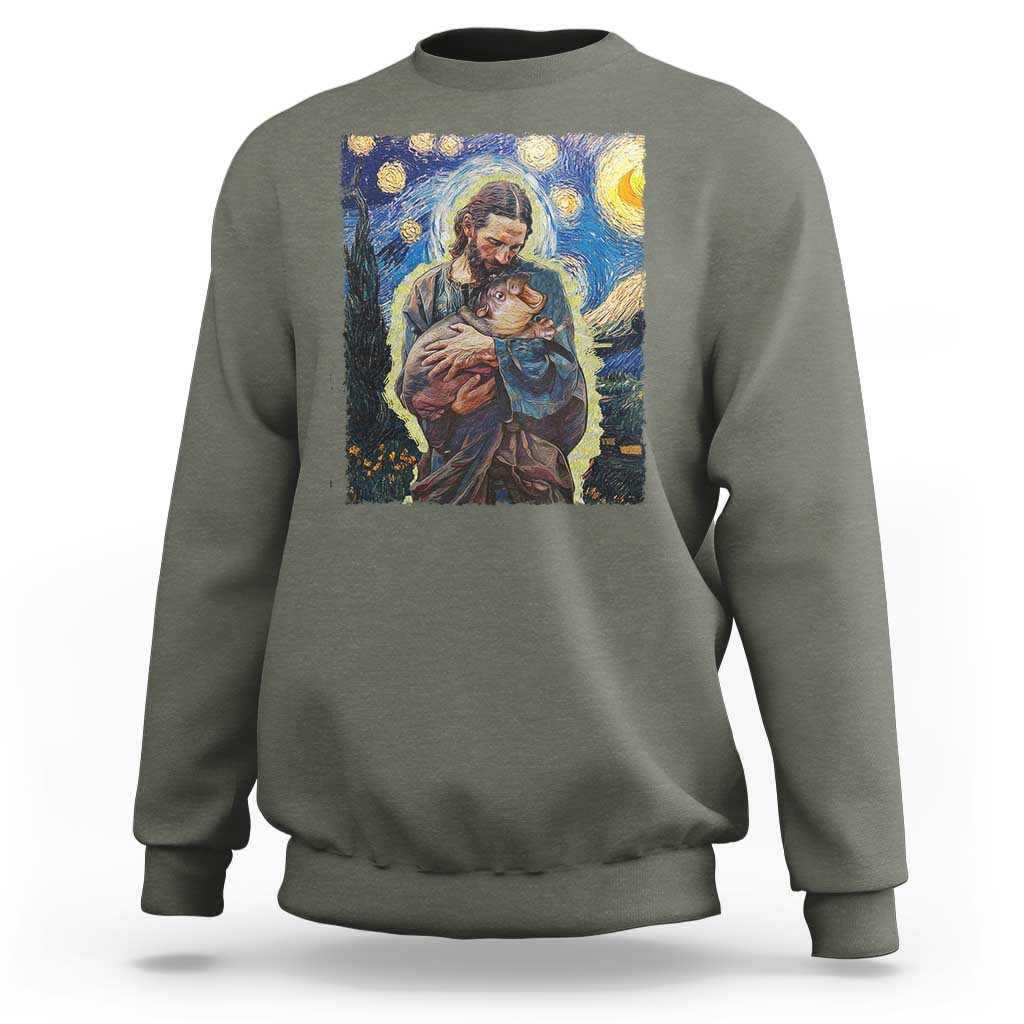 Funny Moo-Deng Baby Pygmy Hippo Sweatshirt Cute Zoo For Family Jesus Loves Moo Deng Van Gogh Starry Night - Wonder Print Shop