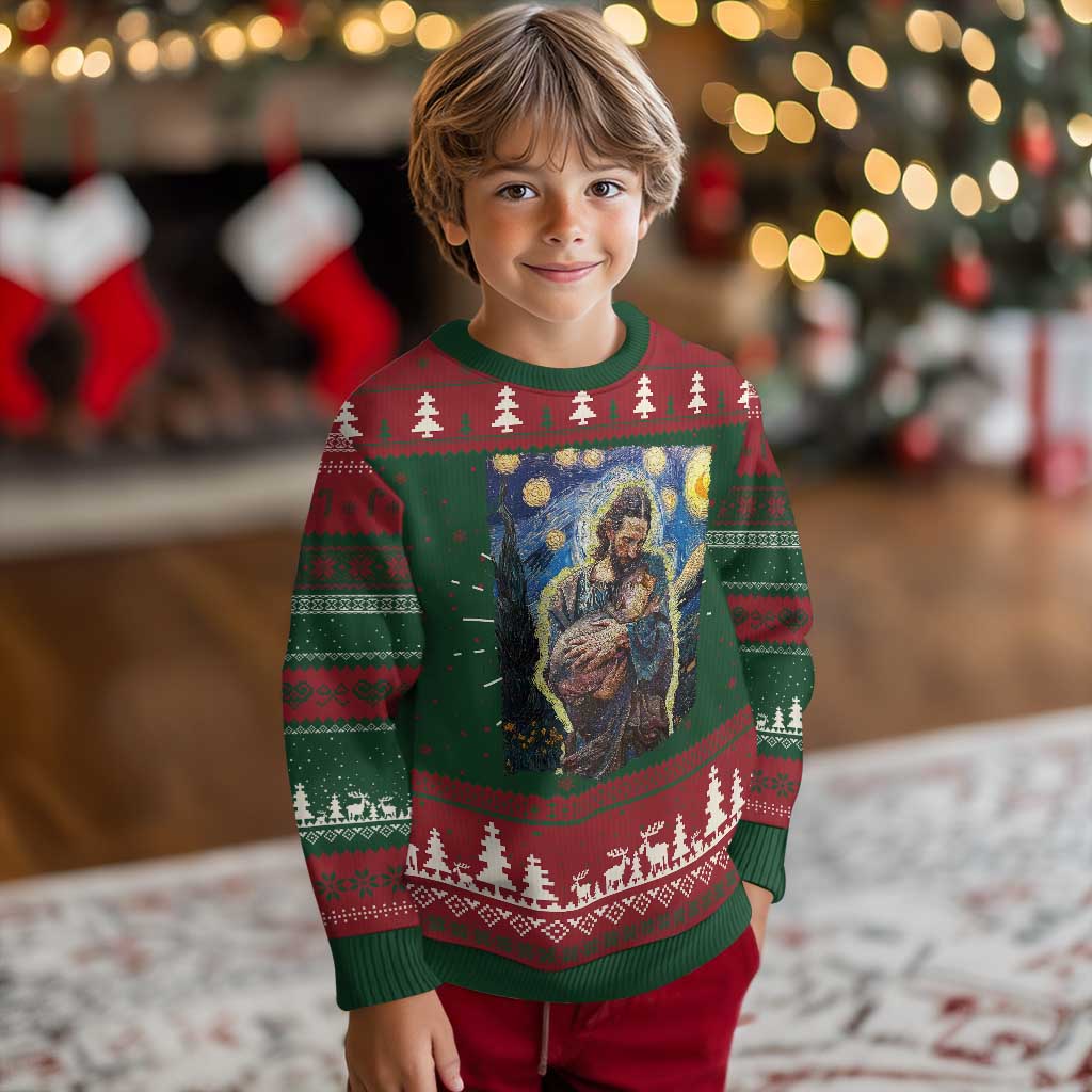 Funny Moo Deng Baby Pygmy Hippo Knitted Sweatshirt Cute Zoo For Family Jesus Loves Moo Deng Van Gogh Starry Night - Wonder Print Shop