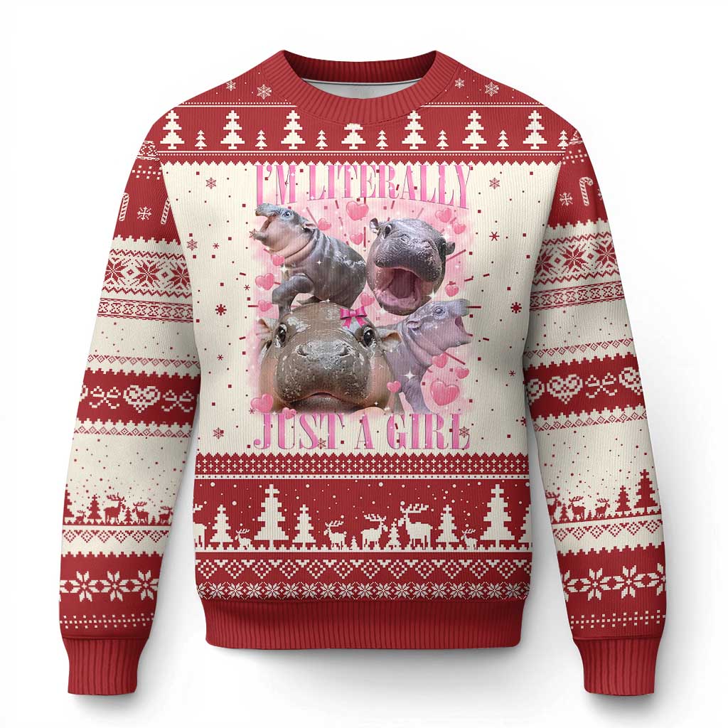 Funny Moo Deng Baby Pygmy Hippo Knitted Sweatshirt Funny I'm Literally Just a Girl Cute Zoo For Family - Wonder Print Shop
