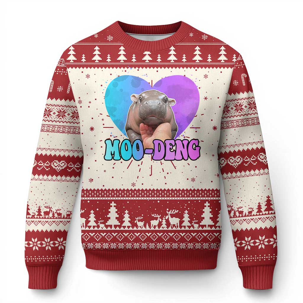 Funny Moo Deng Baby Pygmy Hippo Knitted Sweatshirt Heart Shape Cute Zoo For Family - Wonder Print Shop
