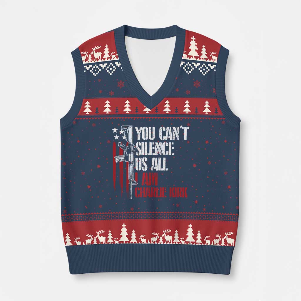 Charlie Kirk V-Neck Knit Sweater Vest You Cant Silence Us All USA Flag - Wonder Print Shop