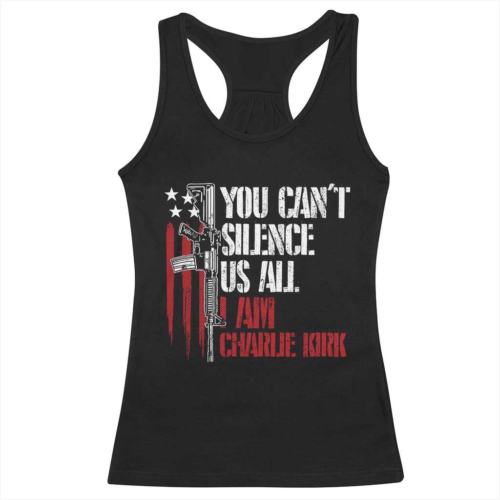 Charlie Kirk Racerback Tank Top You Cant Silence Us All USA Flag - Wonder Print Shop