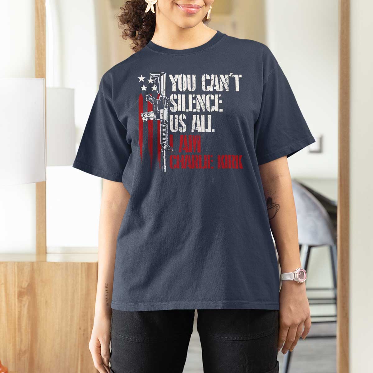 Charlie Kirk T Shirt For Women You Cant Silence Us All USA Flag - Wonder Print Shop