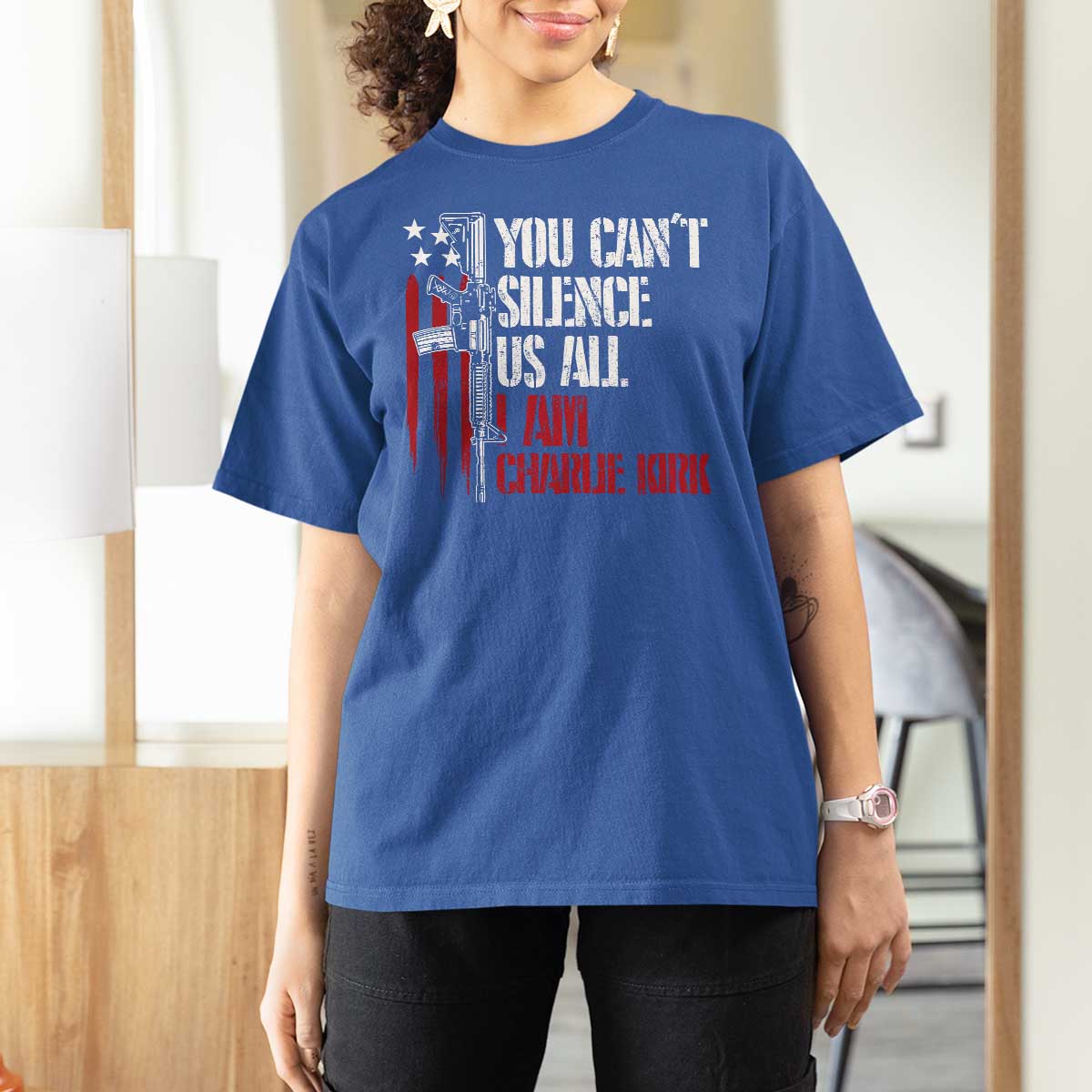 Charlie Kirk T Shirt For Women You Cant Silence Us All USA Flag - Wonder Print Shop
