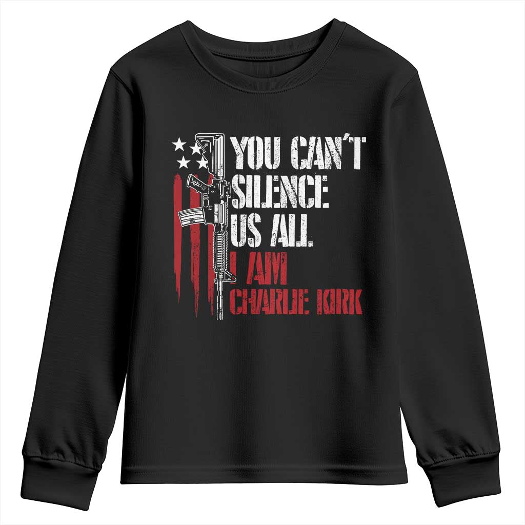 Charlie Kirk Youth Sweatshirt You Cant Silence Us All USA Flag - Wonder Print Shop