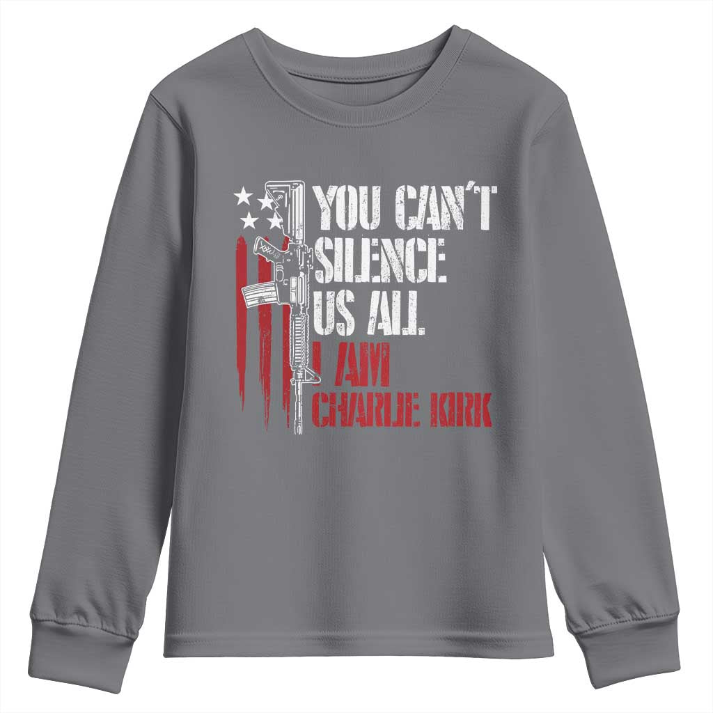 Charlie Kirk Youth Sweatshirt You Cant Silence Us All USA Flag - Wonder Print Shop