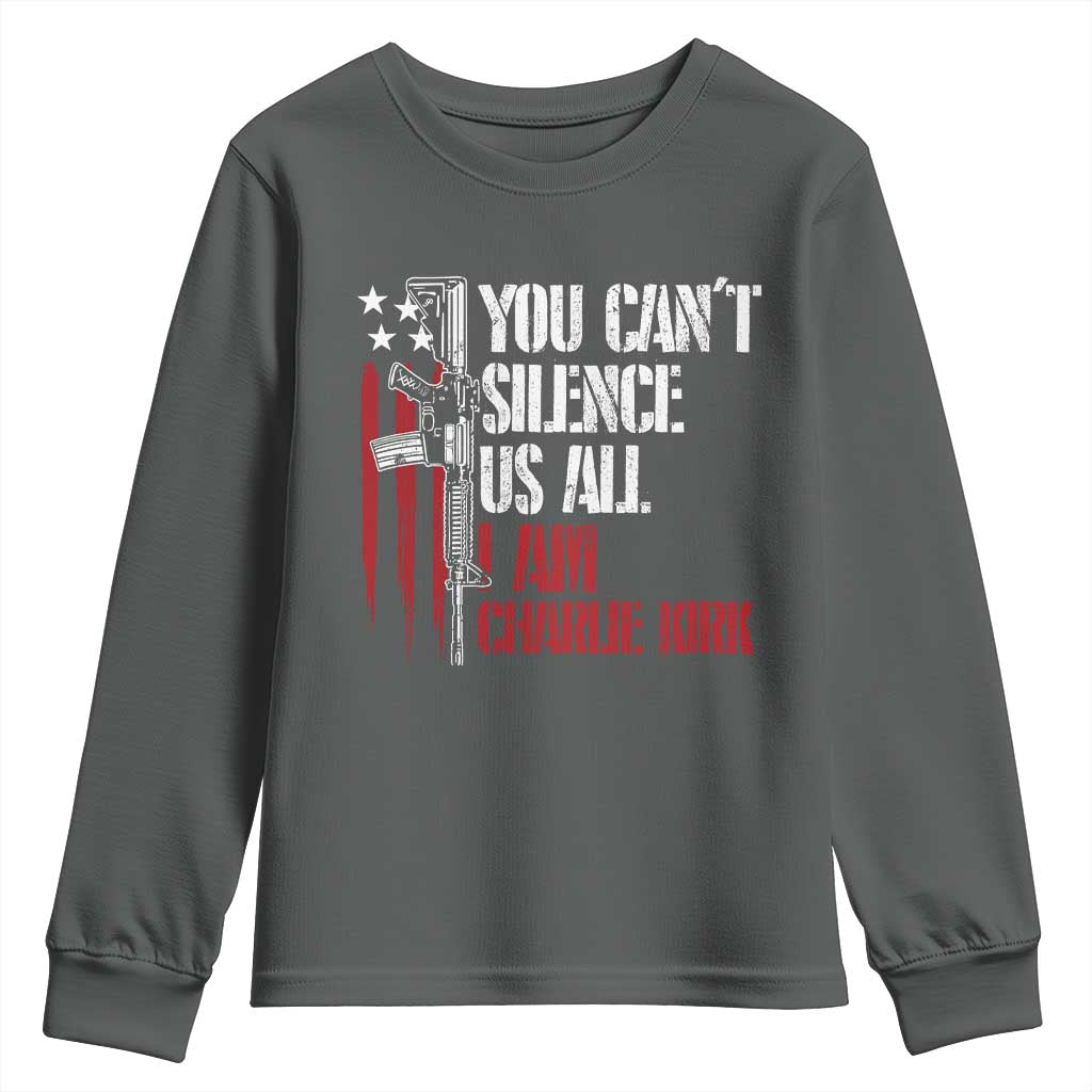 Charlie Kirk Youth Sweatshirt You Cant Silence Us All USA Flag - Wonder Print Shop