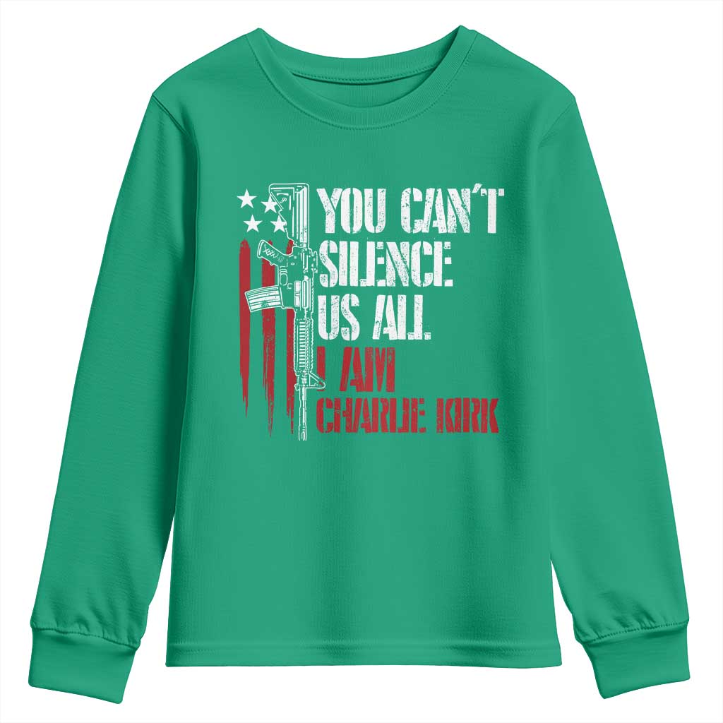 Charlie Kirk Youth Sweatshirt You Cant Silence Us All USA Flag - Wonder Print Shop