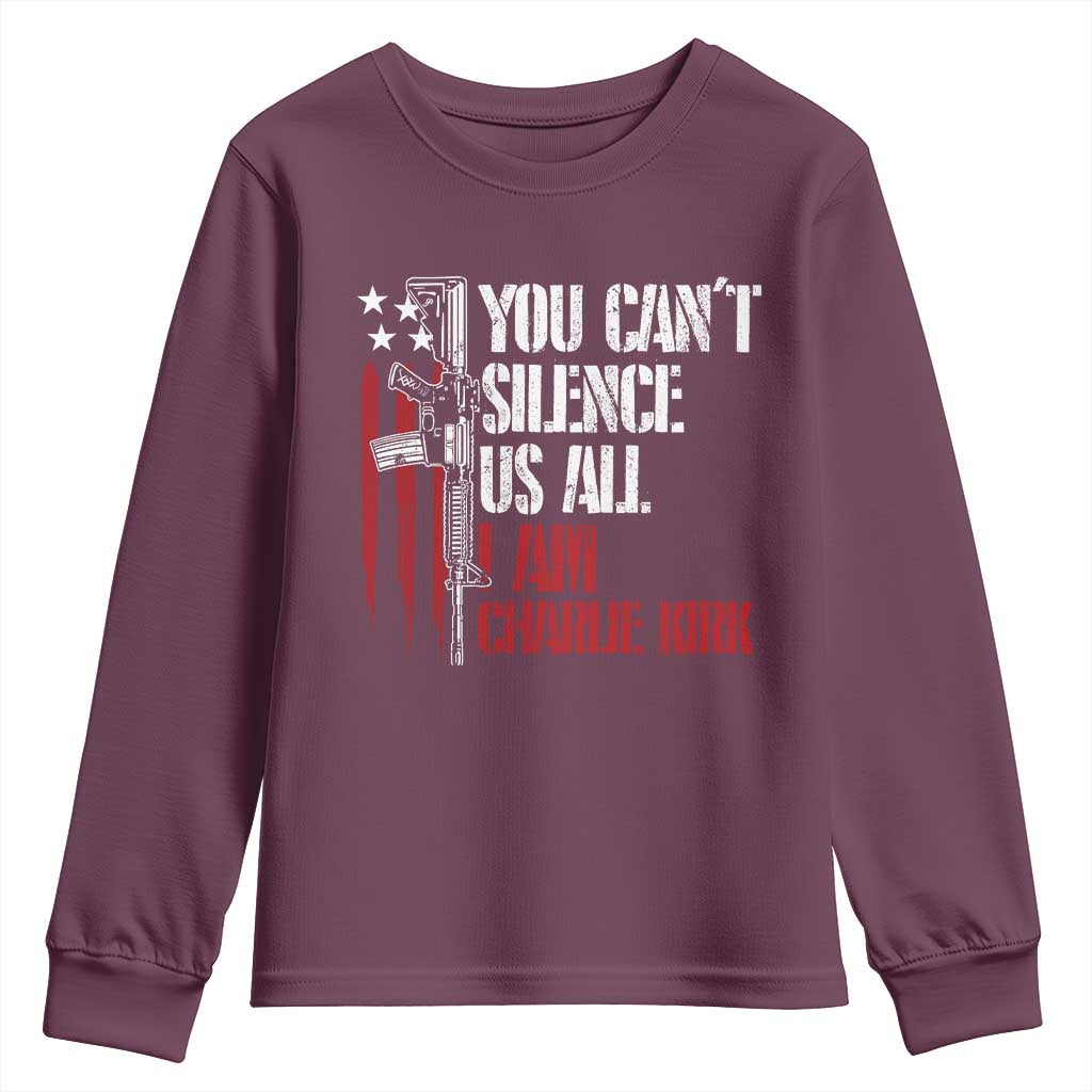 Charlie Kirk Youth Sweatshirt You Cant Silence Us All USA Flag - Wonder Print Shop