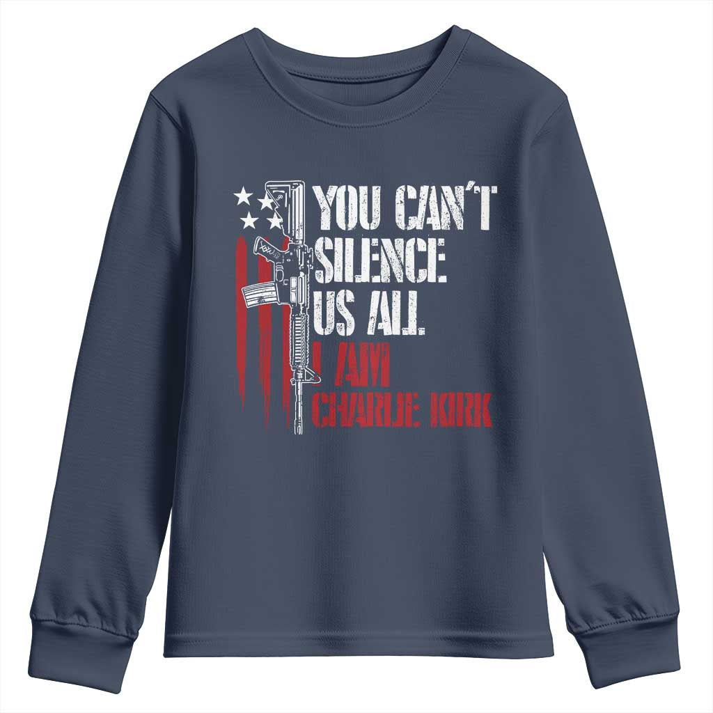 Charlie Kirk Youth Sweatshirt You Cant Silence Us All USA Flag - Wonder Print Shop