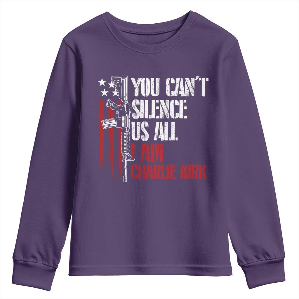 Charlie Kirk Youth Sweatshirt You Cant Silence Us All USA Flag - Wonder Print Shop