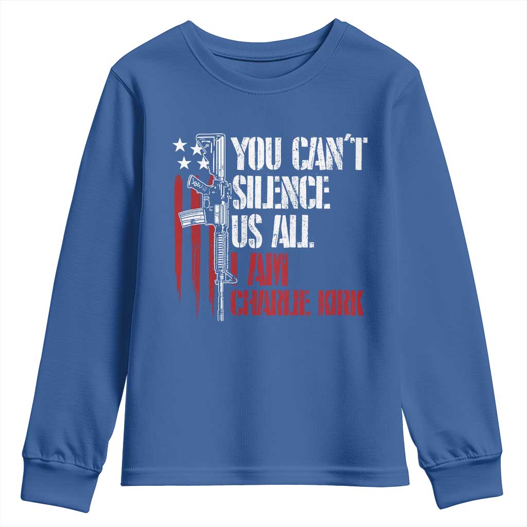 Charlie Kirk Youth Sweatshirt You Cant Silence Us All USA Flag - Wonder Print Shop