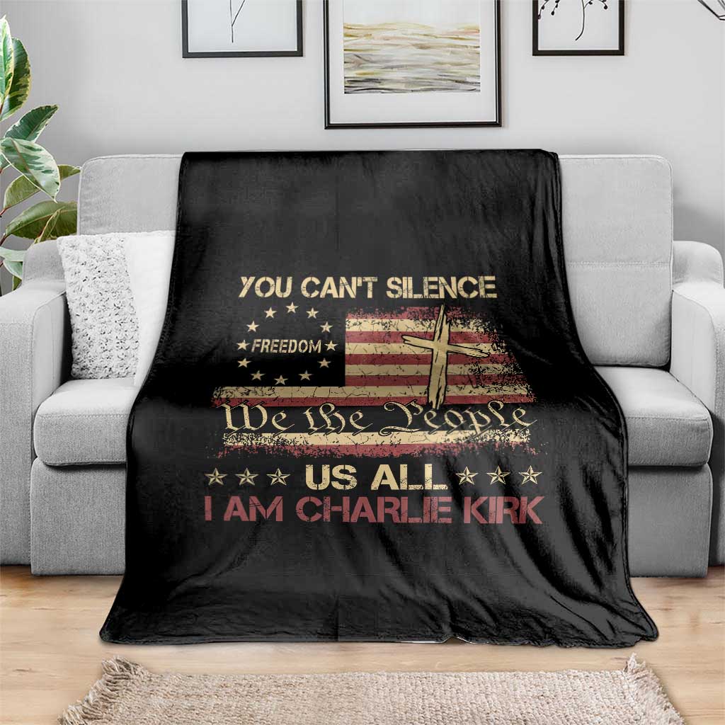 Charlie Kirk Throw Blanket You Cant Silence Us All Retro American Flag Cross - Wonder Print Shop