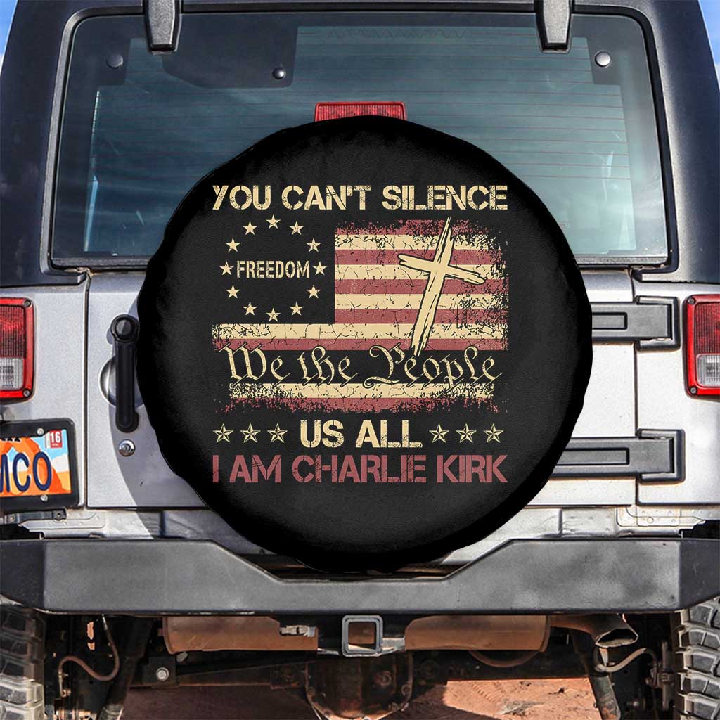 Charlie Kirk Spare Tire Cover You Cant Silence Us All Retro American Flag Cross - Wonder Print Shop