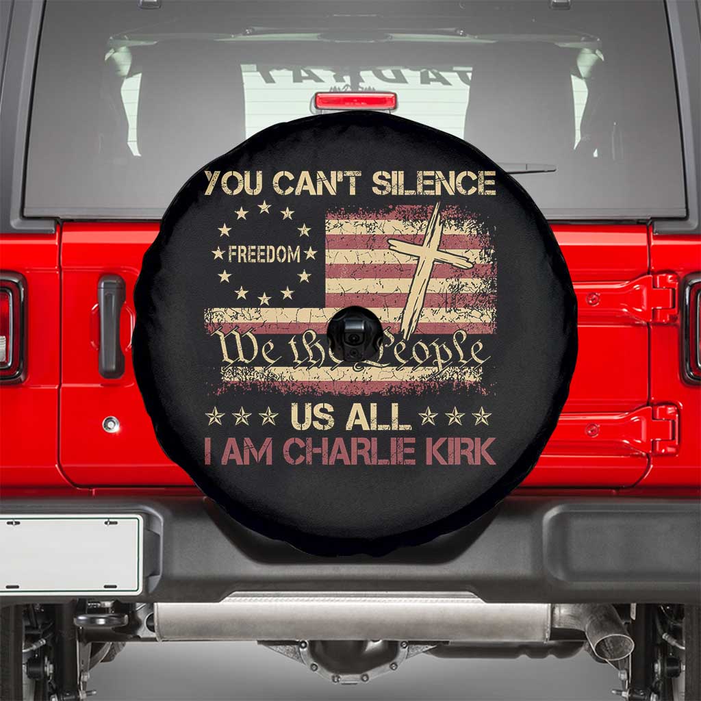 Charlie Kirk Spare Tire Cover You Cant Silence Us All Retro American Flag Cross - Wonder Print Shop