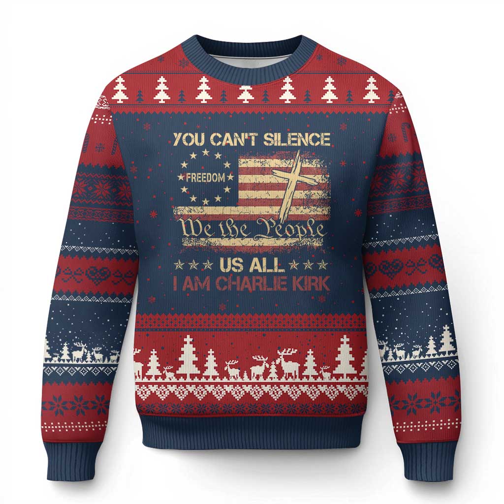 Charlie Kirk Ugly Christmas Sweater You Cant Silence Us All Retro American Flag Cross - Wonder Print Shop