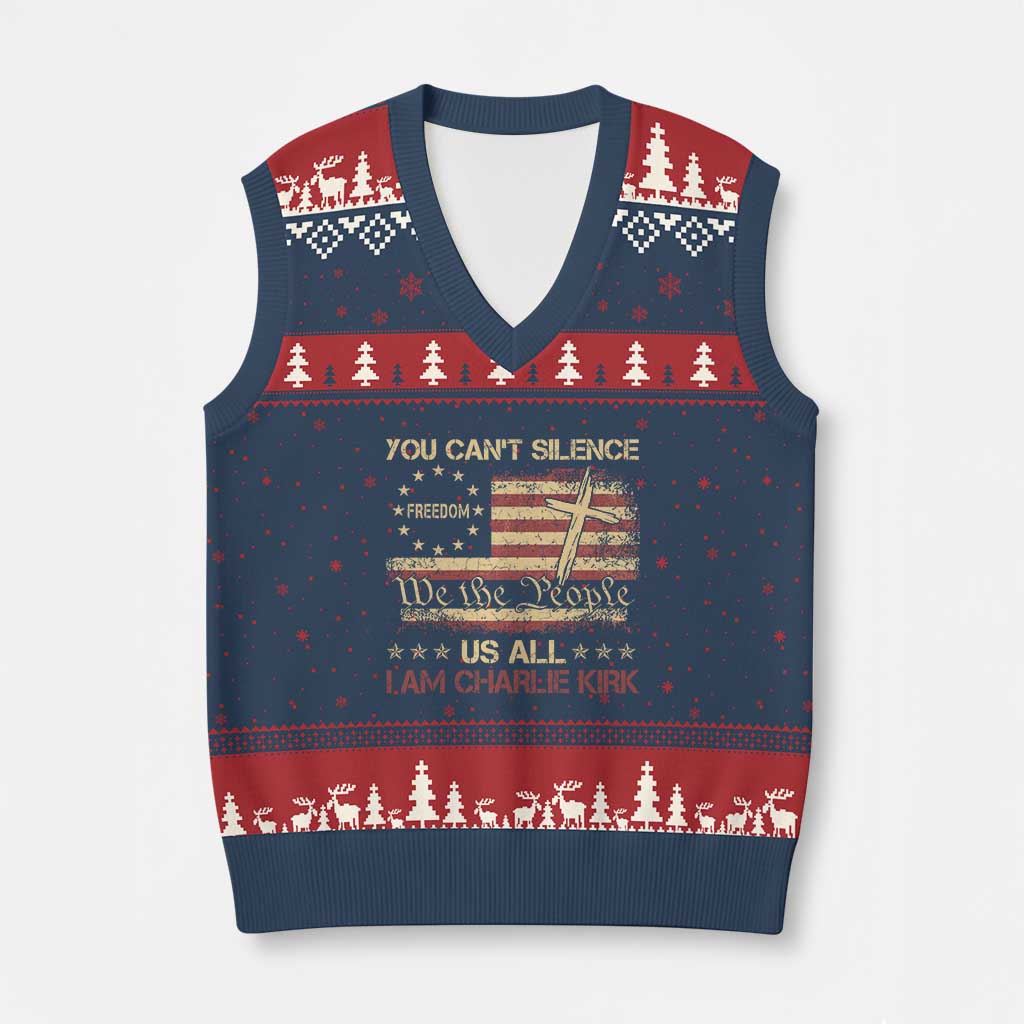 Charlie Kirk V-Neck Knit Sweater Vest You Cant Silence Us All Retro American Flag Cross - Wonder Print Shop