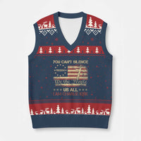 Charlie Kirk V-Neck Knit Sweater Vest You Cant Silence Us All Retro American Flag Cross - Wonder Print Shop